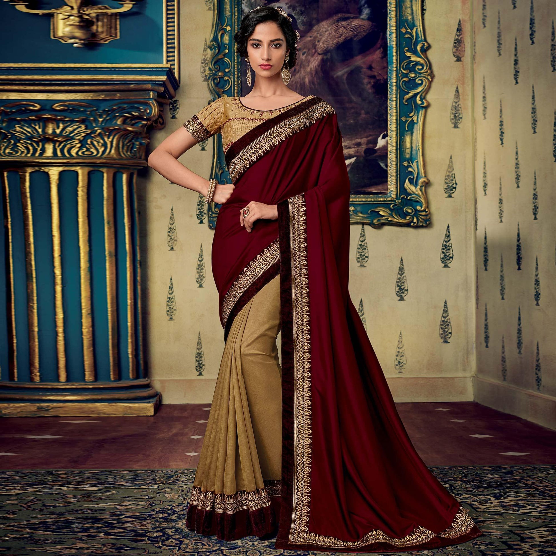 Ideal Beige-Maroon Colored Partywear Embroidered Half & Half Silk Saree