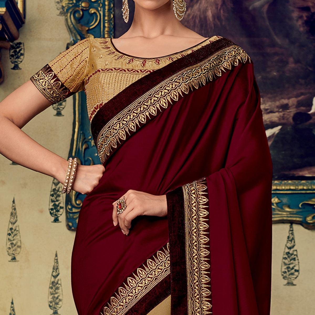 Ideal Beige-Maroon Colored Partywear Embroidered Half & Half Silk Saree