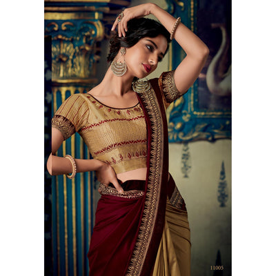 Ideal Beige-Maroon Colored Partywear Embroidered Half & Half Silk Saree