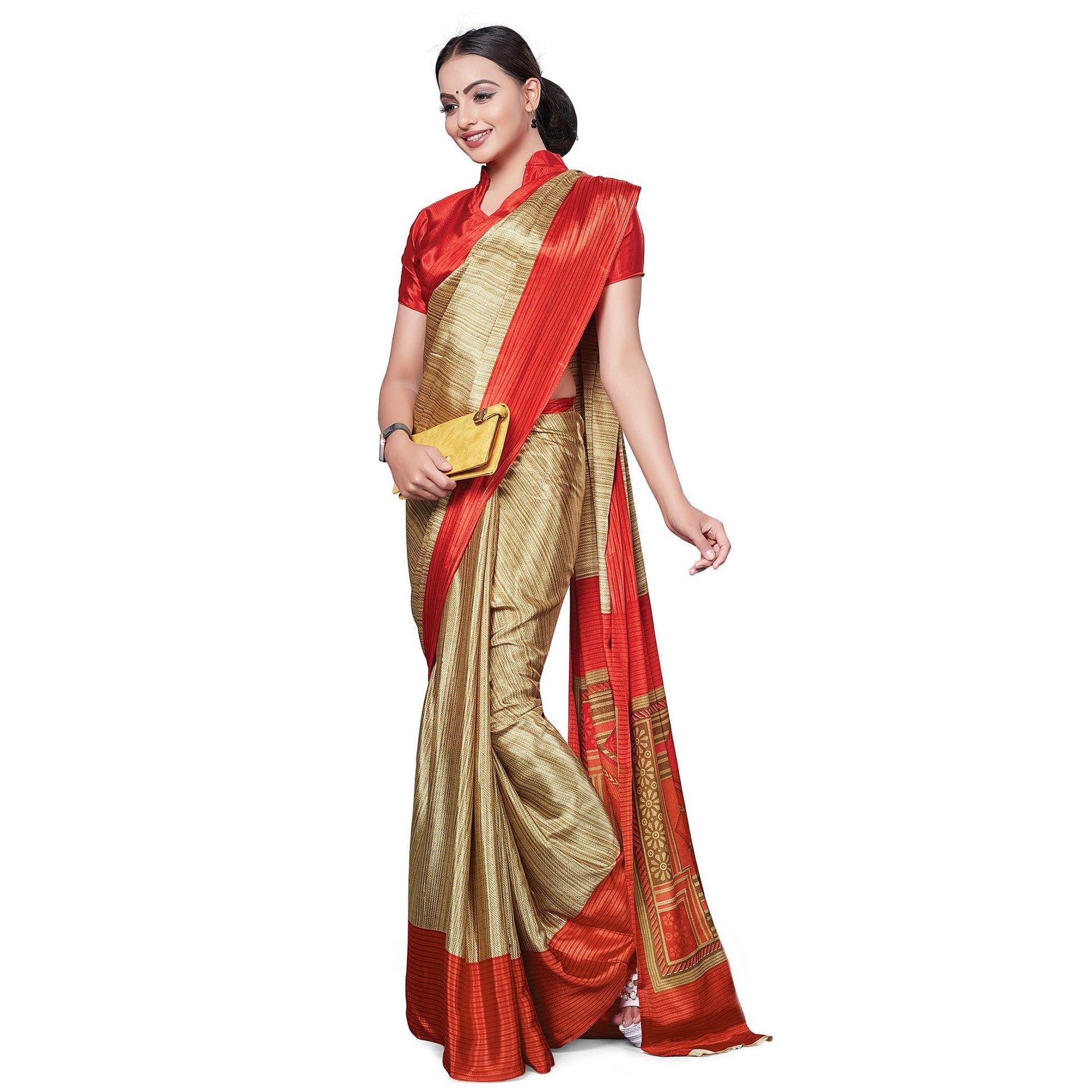 Ideal Beige-Red Colored Casual Wear Printed Crepe Saree