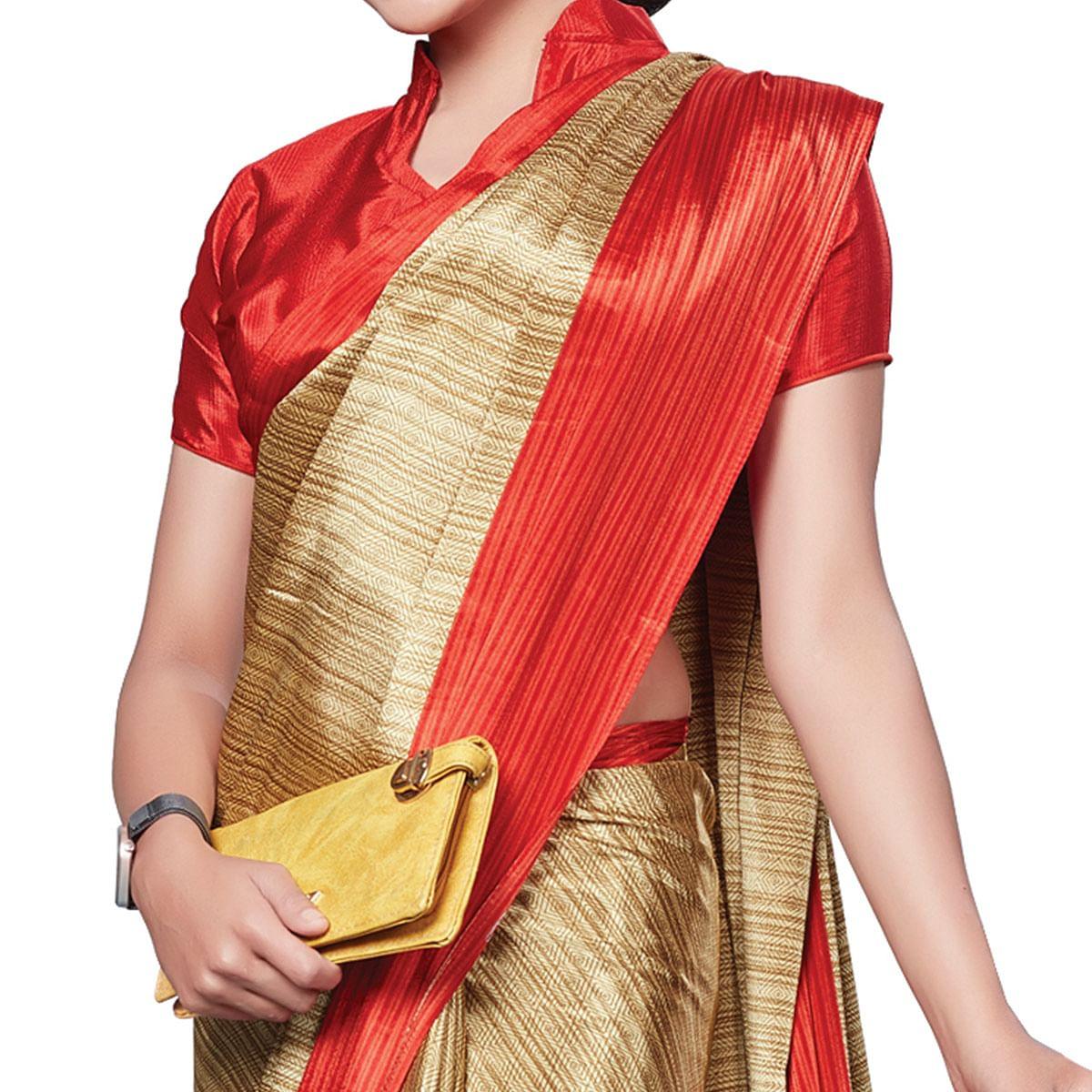 Ideal Beige-Red Colored Casual Wear Printed Crepe Saree
