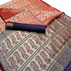 Ideal Beige-Red Colored Festive Wear Woven Banarasi Art Silk Saree