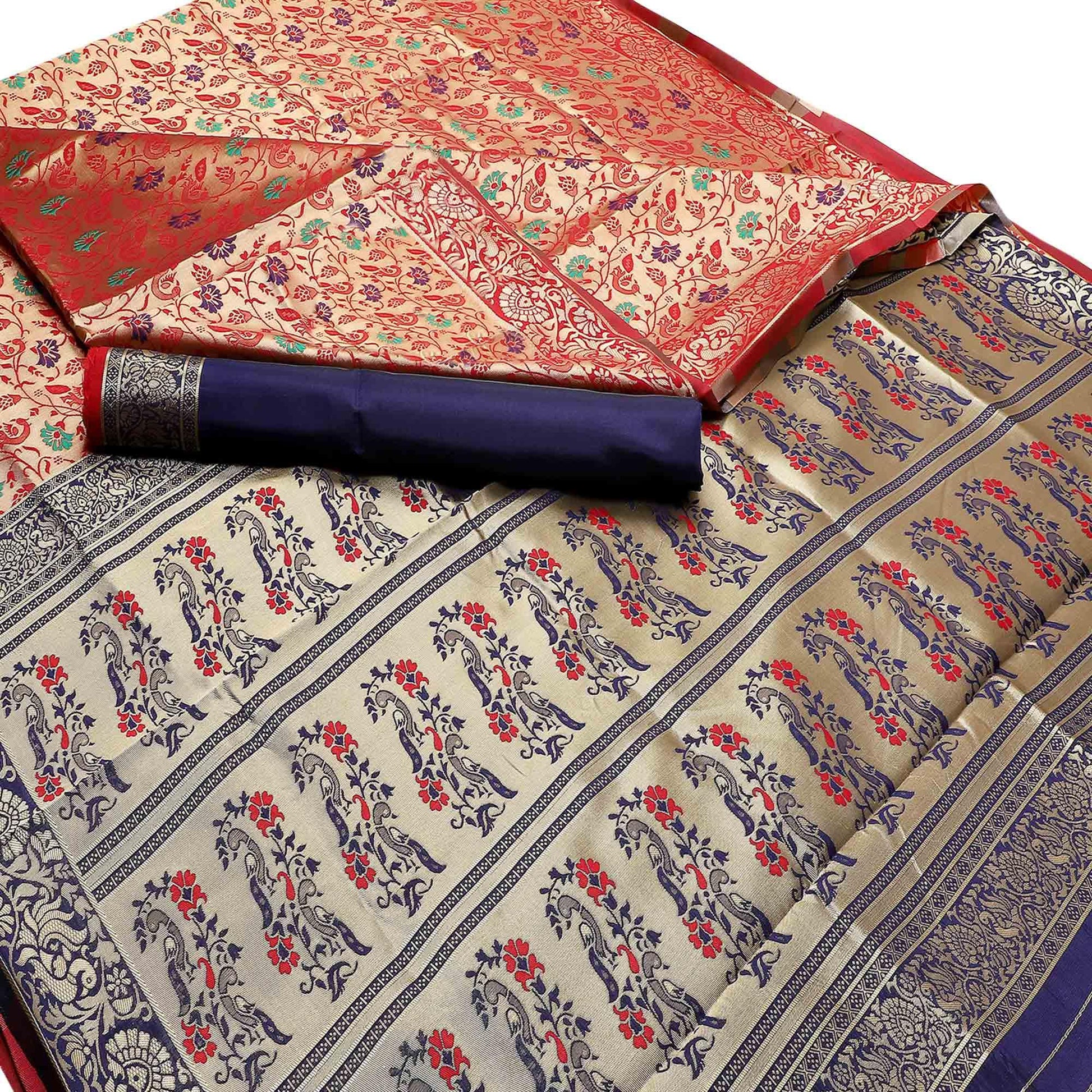Ideal Beige-Red Colored Festive Wear Woven Banarasi Art Silk Saree