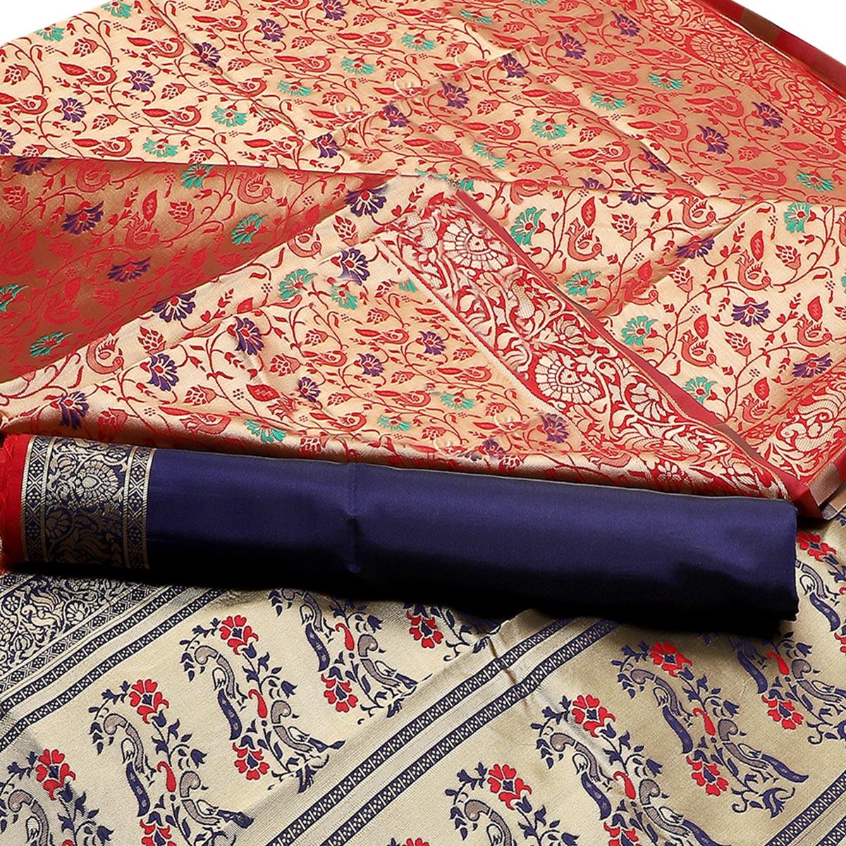Ideal Beige-Red Colored Festive Wear Woven Banarasi Art Silk Saree