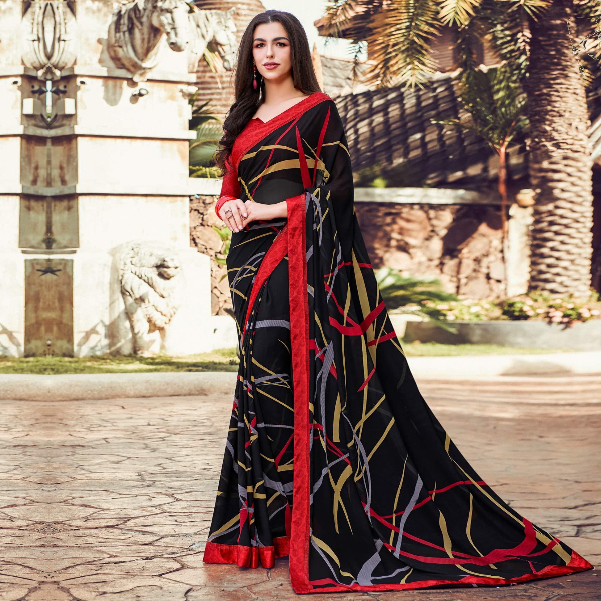 Ideal Black Colored Partywear Designer Printed Georgette Saree