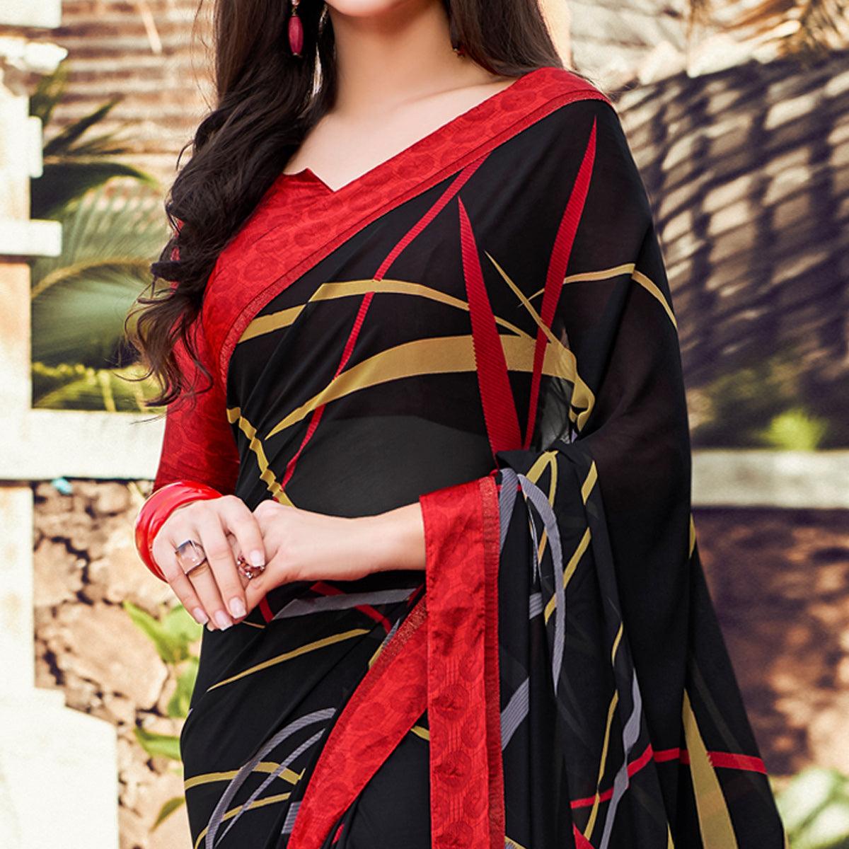 Ideal Black Colored Partywear Designer Printed Georgette Saree