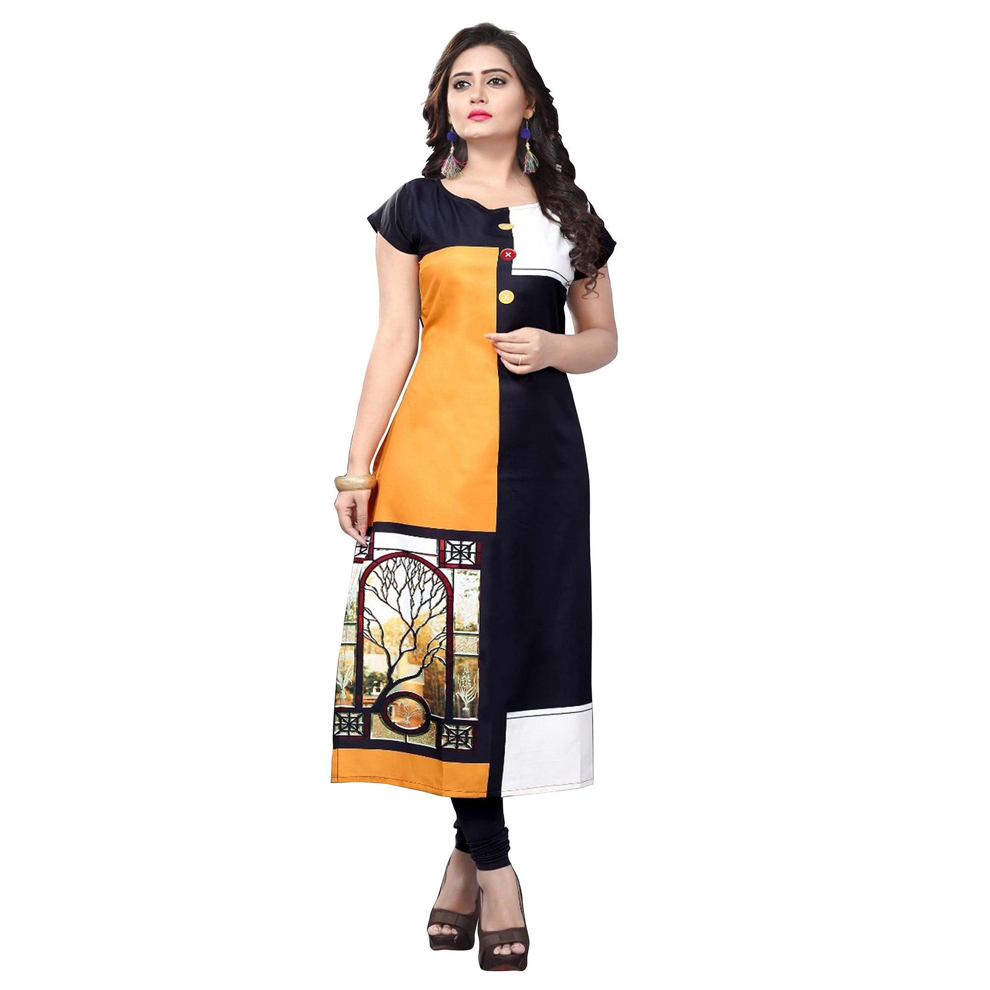 Ideal Black Yellow Colored Casual Printed Crepe Kurti