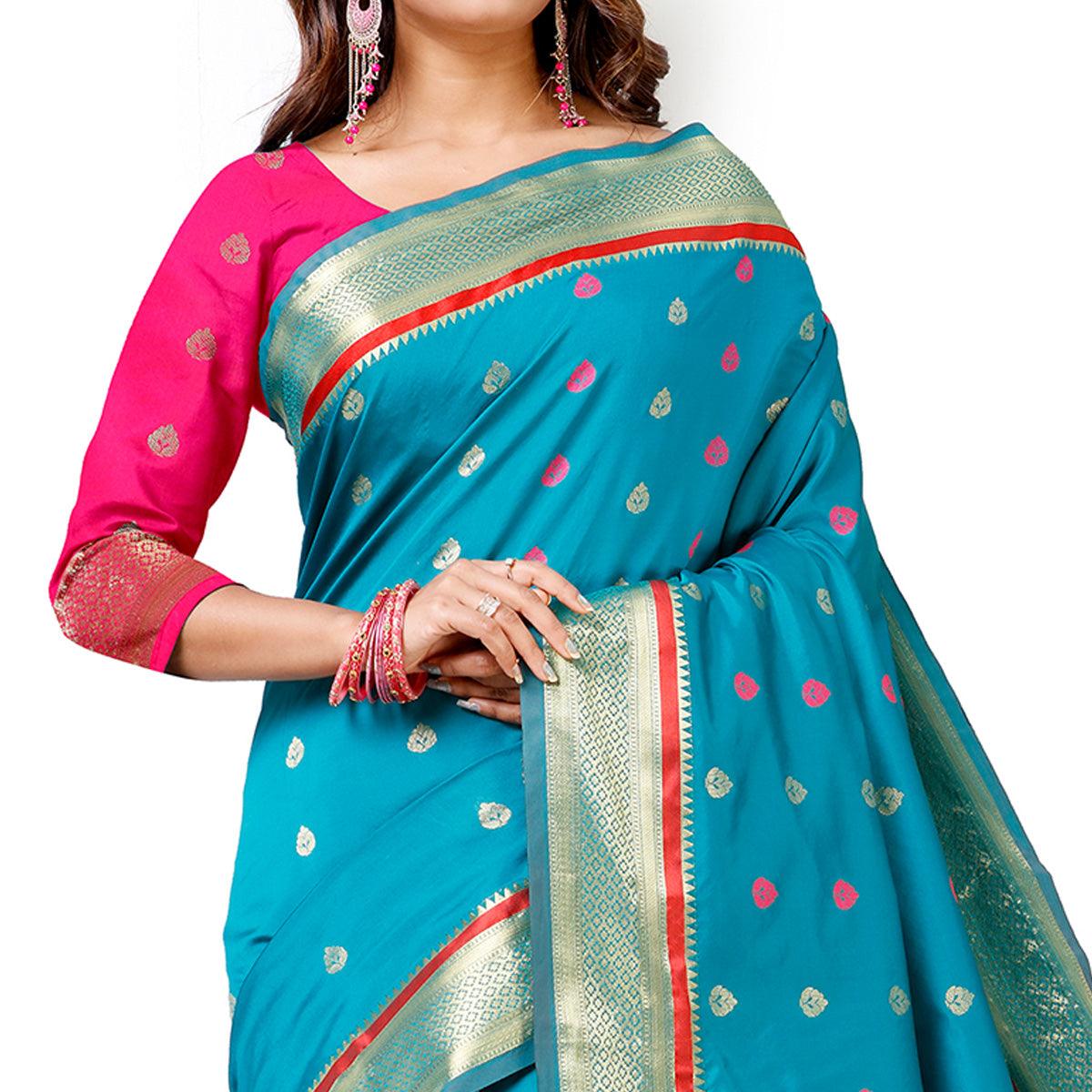 Ideal Blue Colored Festive Wear Woven Banarasi Art Silk Saree With Paithani Pallu