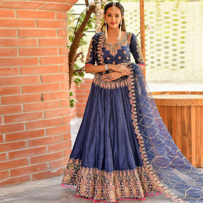Ideal Blue Colored Wedding Wear Embroidered Chennai Silk Lehenga Choli