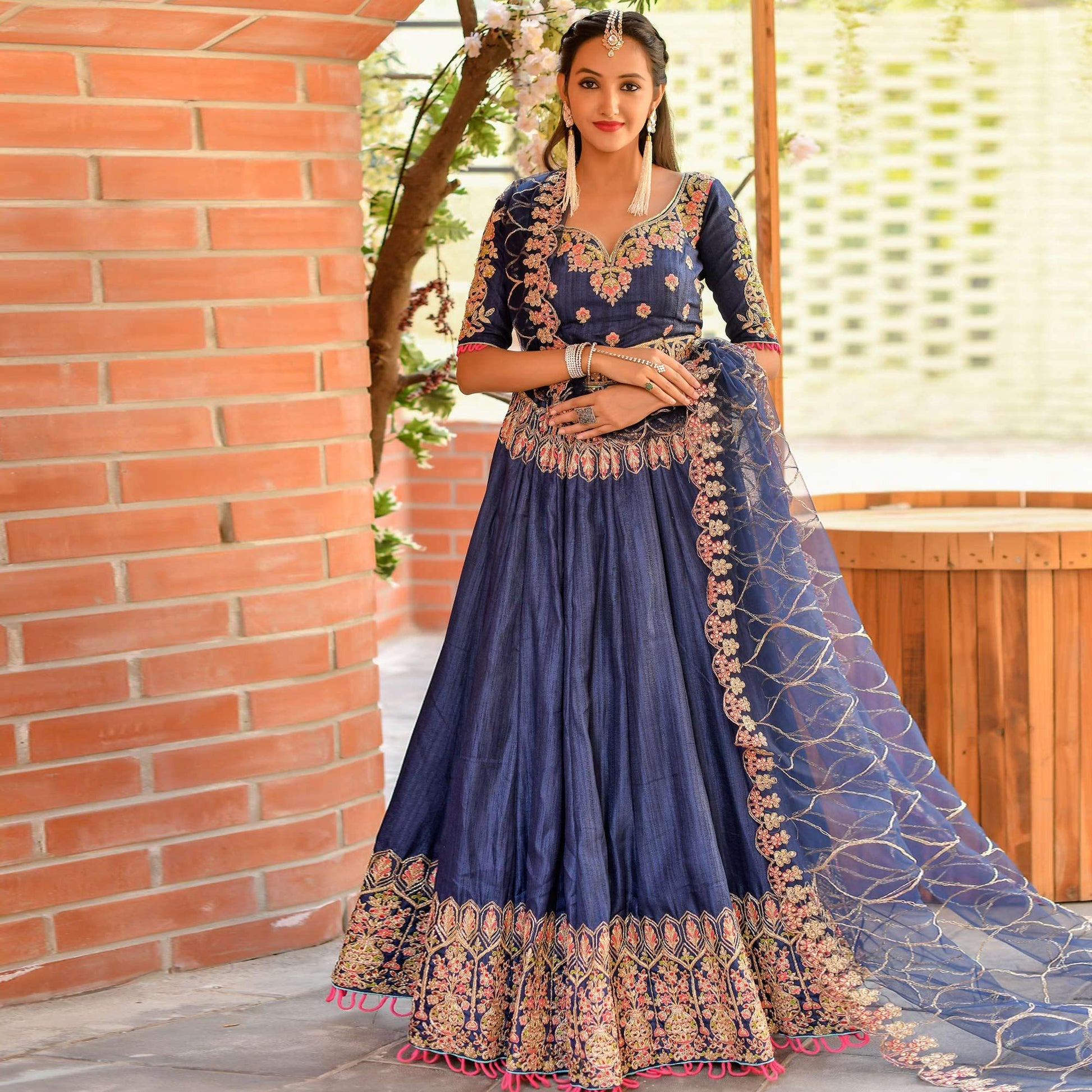Ideal Blue Colored Wedding Wear Embroidered Chennai Silk Lehenga Choli