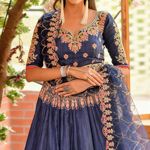 Ideal Blue Colored Wedding Wear Embroidered Chennai Silk Lehenga Choli