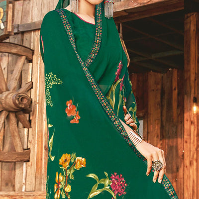 Ideal Bottle Green Coloured Partywear Pure Georgette Floral Printed Saree With Fancy Lace Border