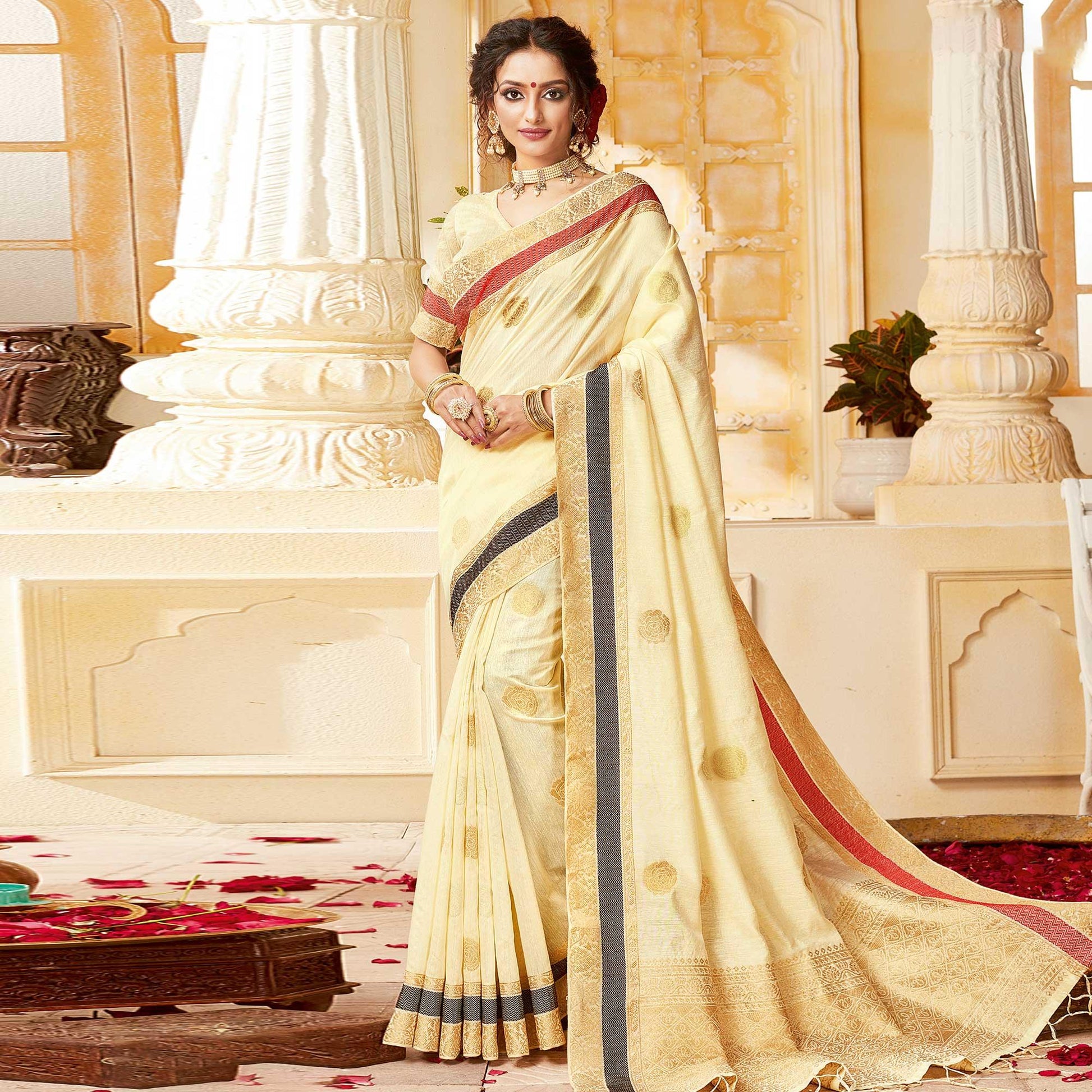 Ideal Cream Colored Festive Wear Woven Cotton Handloom Saree