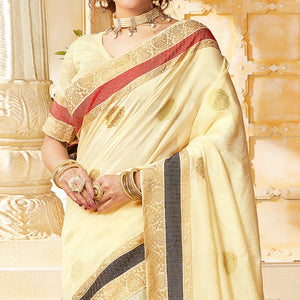 Ideal Cream Colored Festive Wear Woven Cotton Handloom Saree