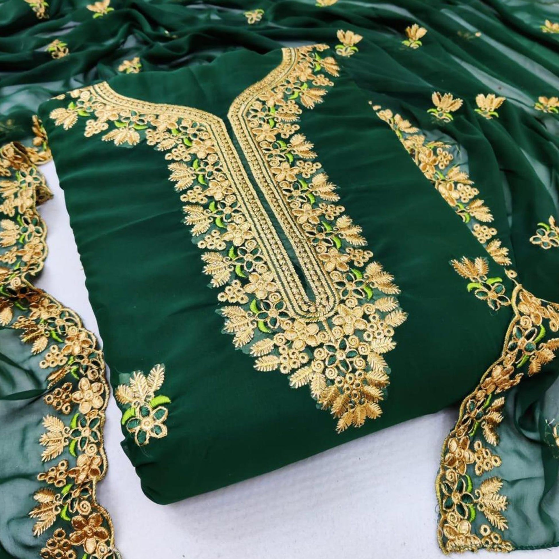 Ideal Dark Green Coloured Casual Wear Embroidered Georgette Dress Material
