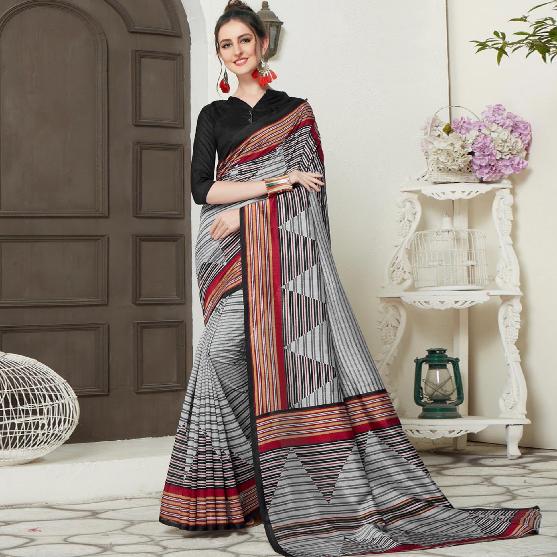 Ideal Gray-Black Colored Casual Printed Bhagalpuri Silk Saree