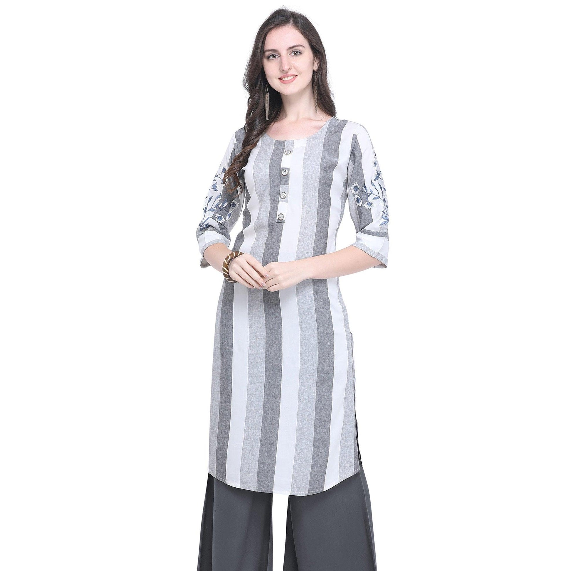 Ideal Gray Colored Casual Embroidered Rayon Kurti