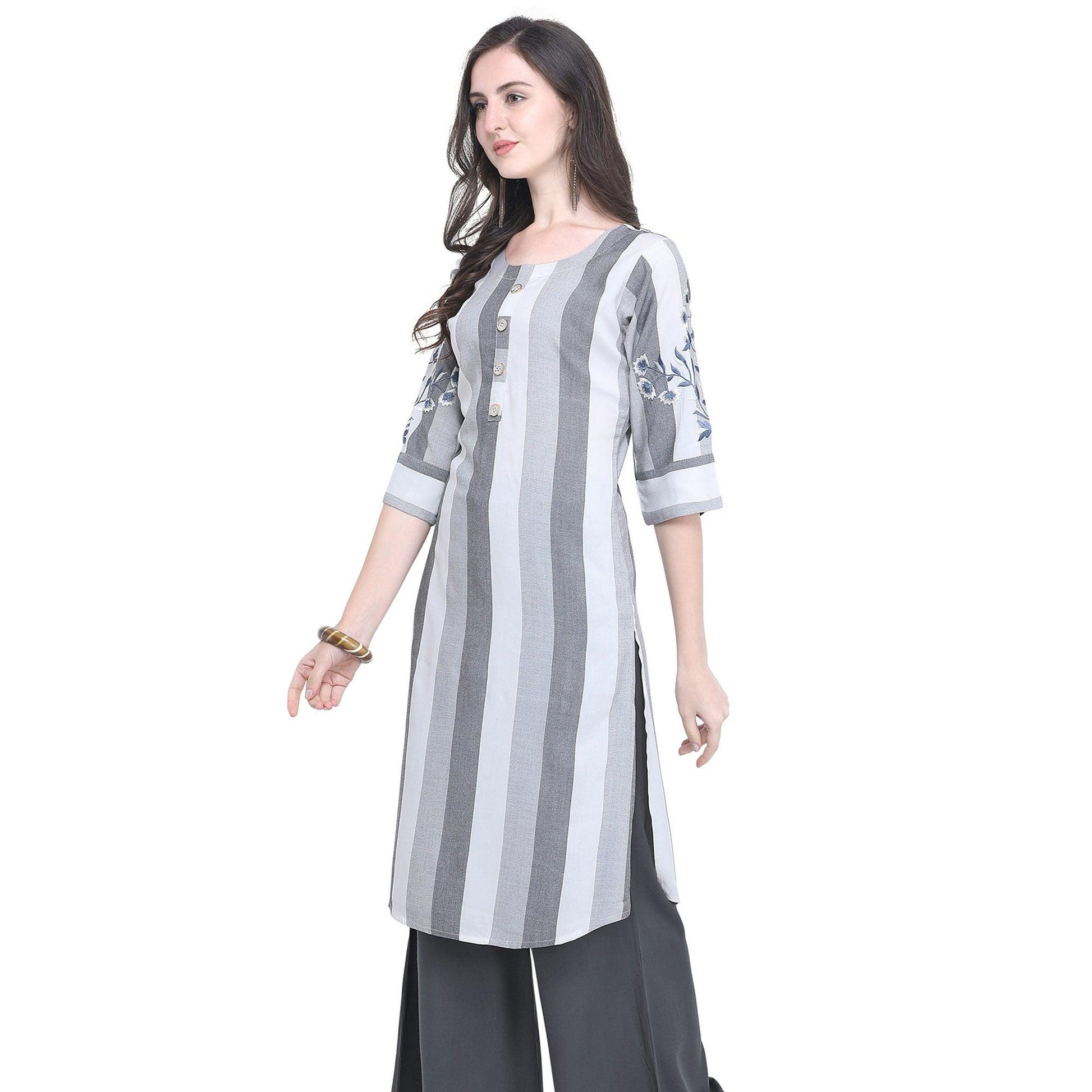 Ideal Gray Colored Casual Embroidered Rayon Kurti