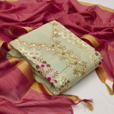 Ideal Green Colored Casual Embroidered Modal Chanderi Dress Material