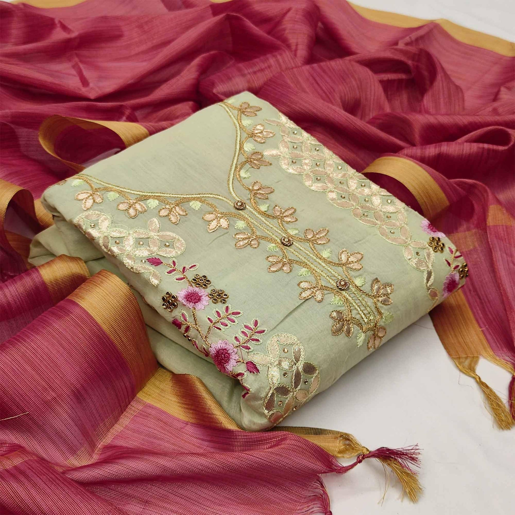 Ideal Green Colored Casual Embroidered Modal Chanderi Dress Material