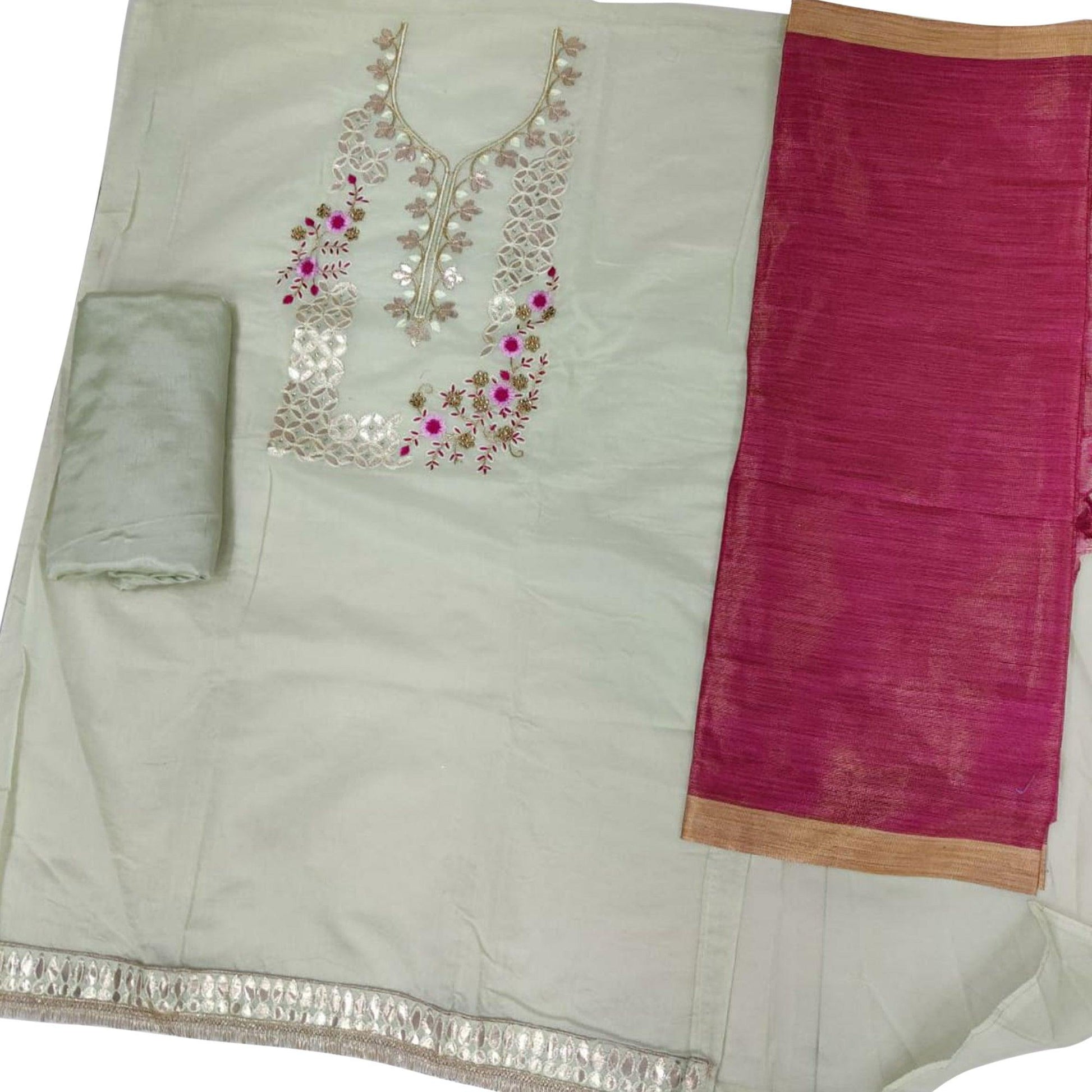 Ideal Green Colored Casual Embroidered Modal Chanderi Dress Material