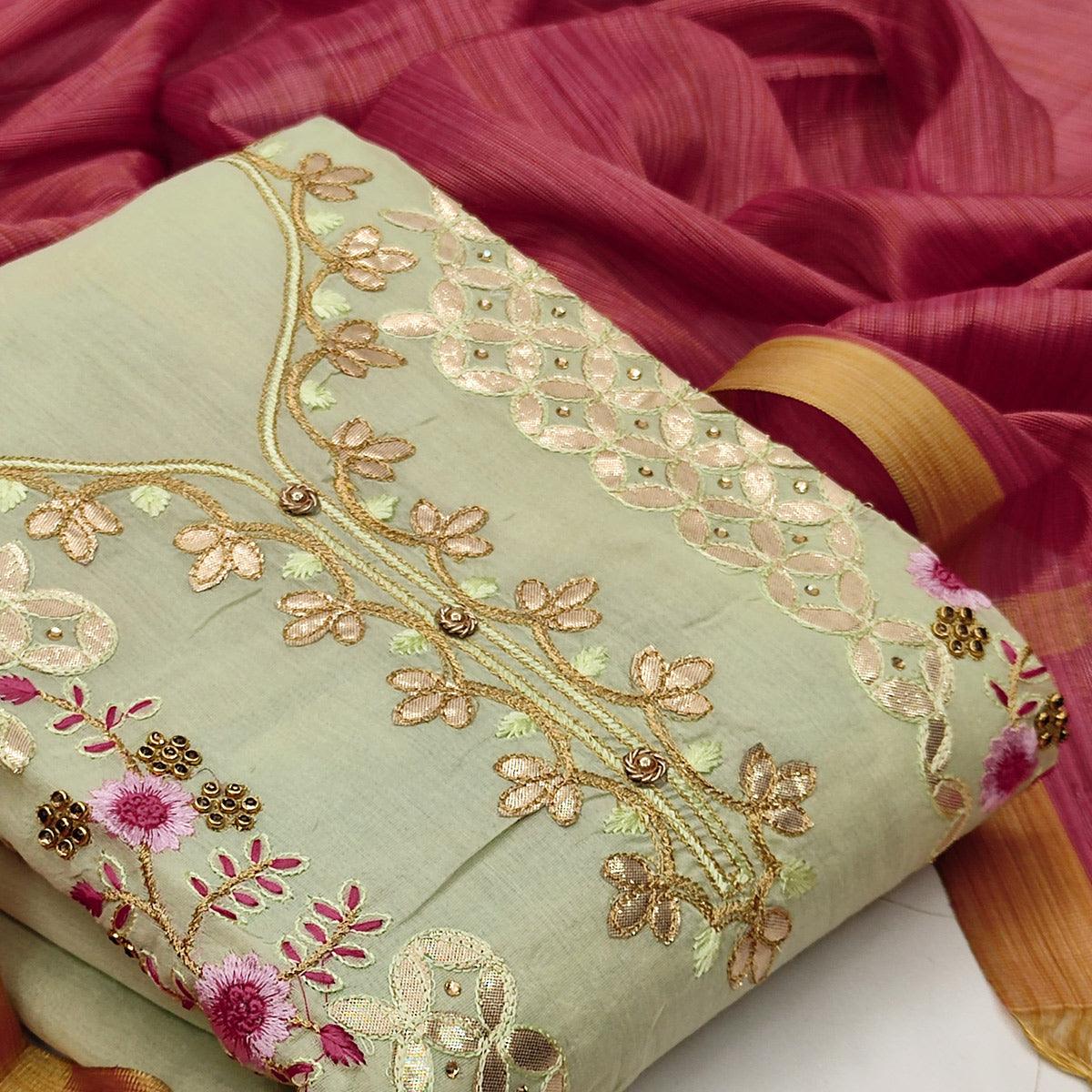 Ideal Green Colored Casual Embroidered Modal Chanderi Dress Material