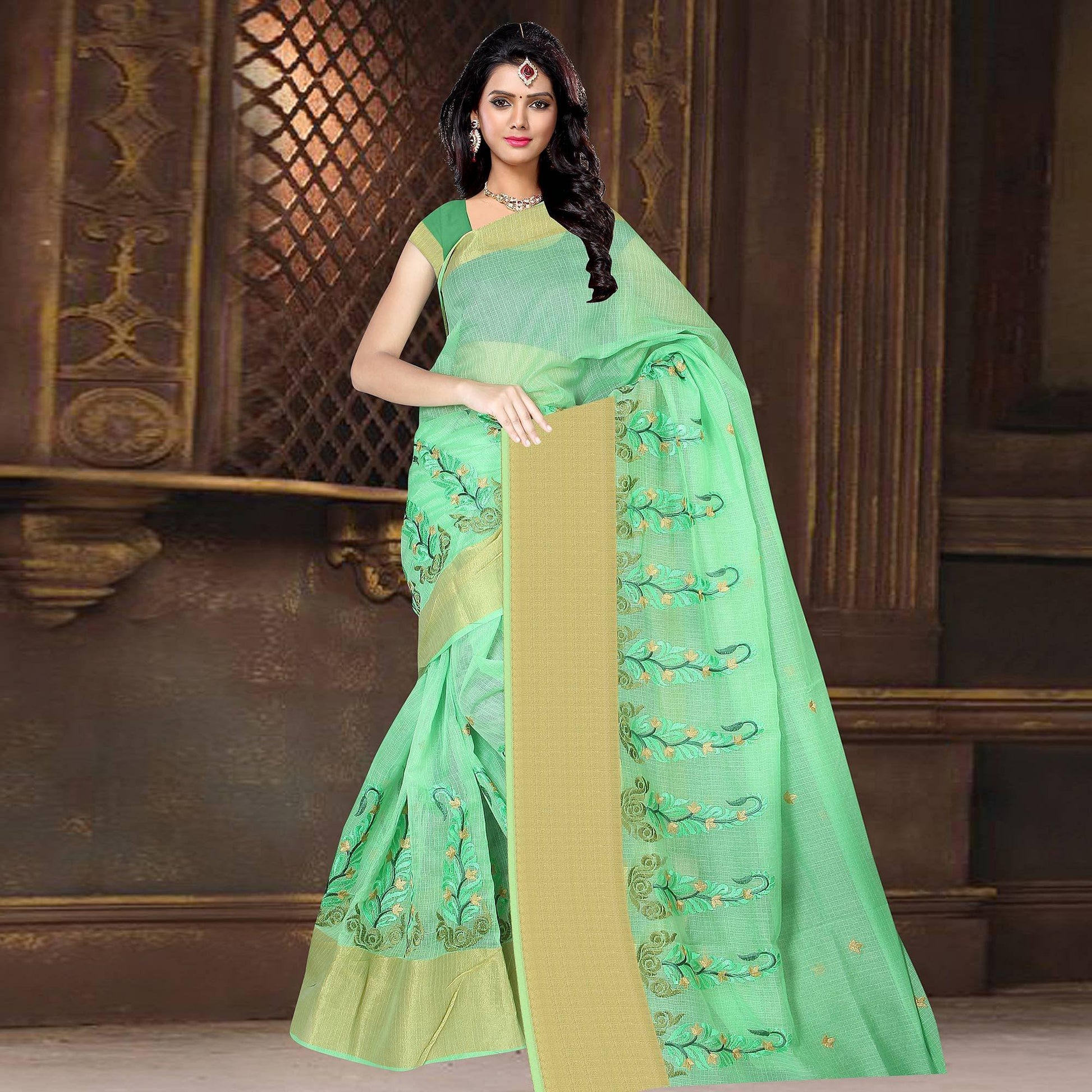 Ideal Green Colored Casual Wear Printed Net Saree