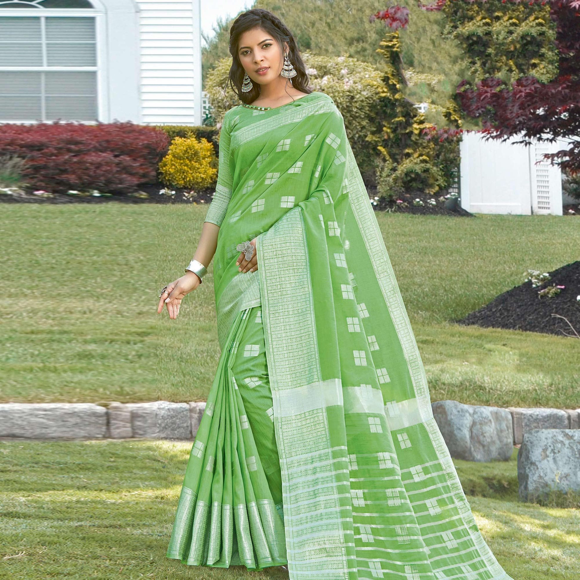 Ideal Green Colored Festive Wear Woven Linen Cotton Sareee