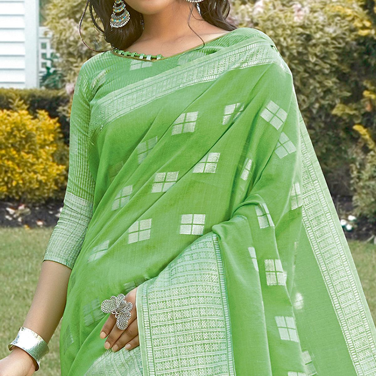 Ideal Green Colored Festive Wear Woven Linen Cotton Sareee