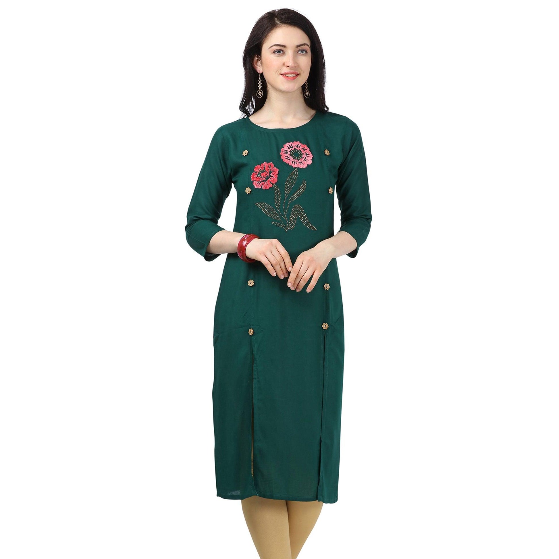 Ideal Green Colored Partywear Embellished Rayon Kurti