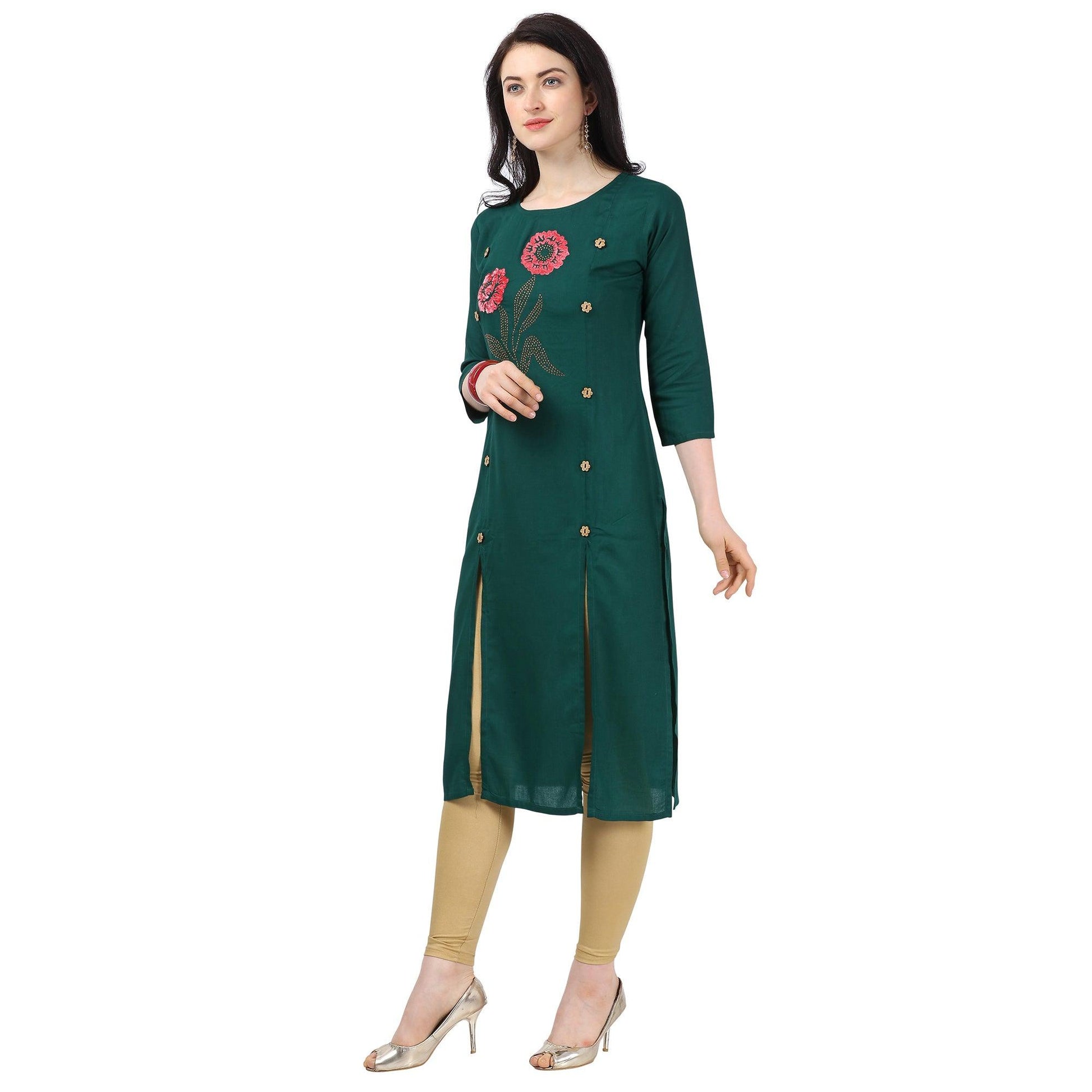Ideal Green Colored Partywear Embellished Rayon Kurti