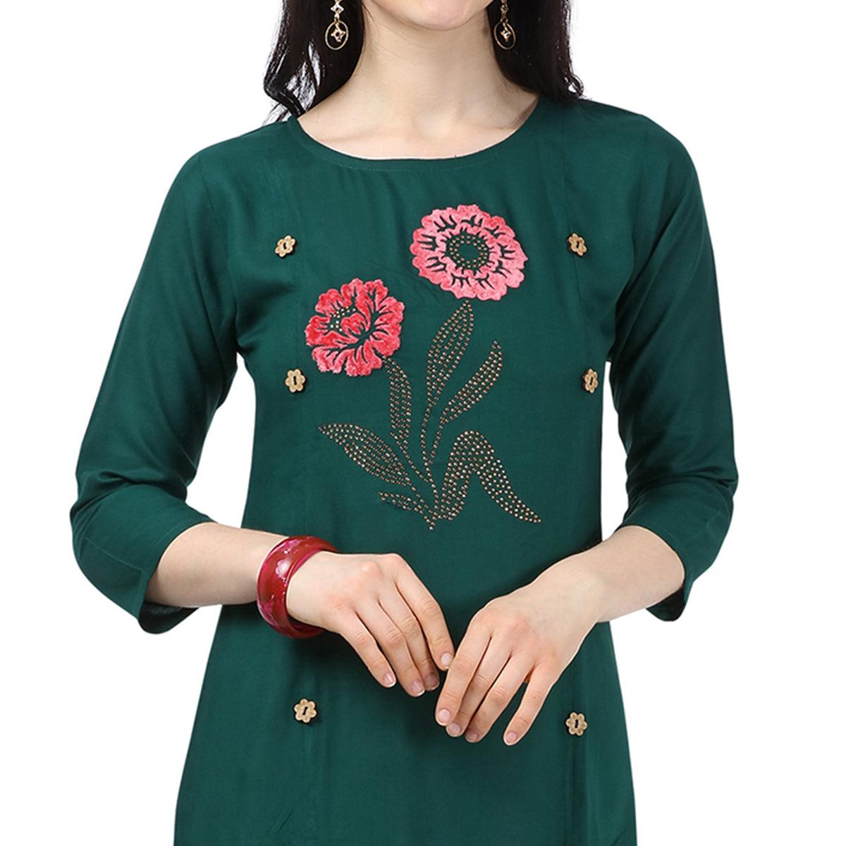 Ideal Green Colored Partywear Embellished Rayon Kurti