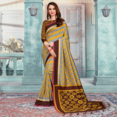 Ideal Grey & Mustard Colored Festive Wear Printed Cotton Silk Saree With Tassels