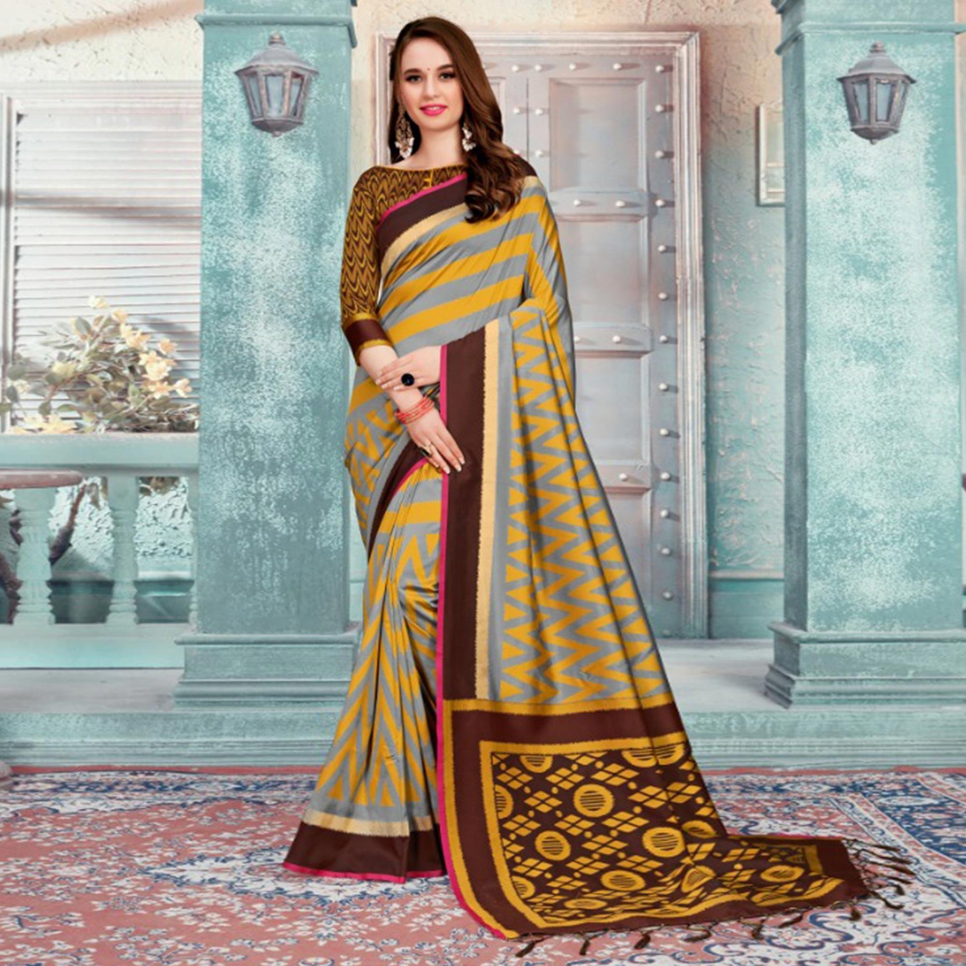 Ideal Grey & Mustard Colored Festive Wear Printed Cotton Silk Saree With Tassels