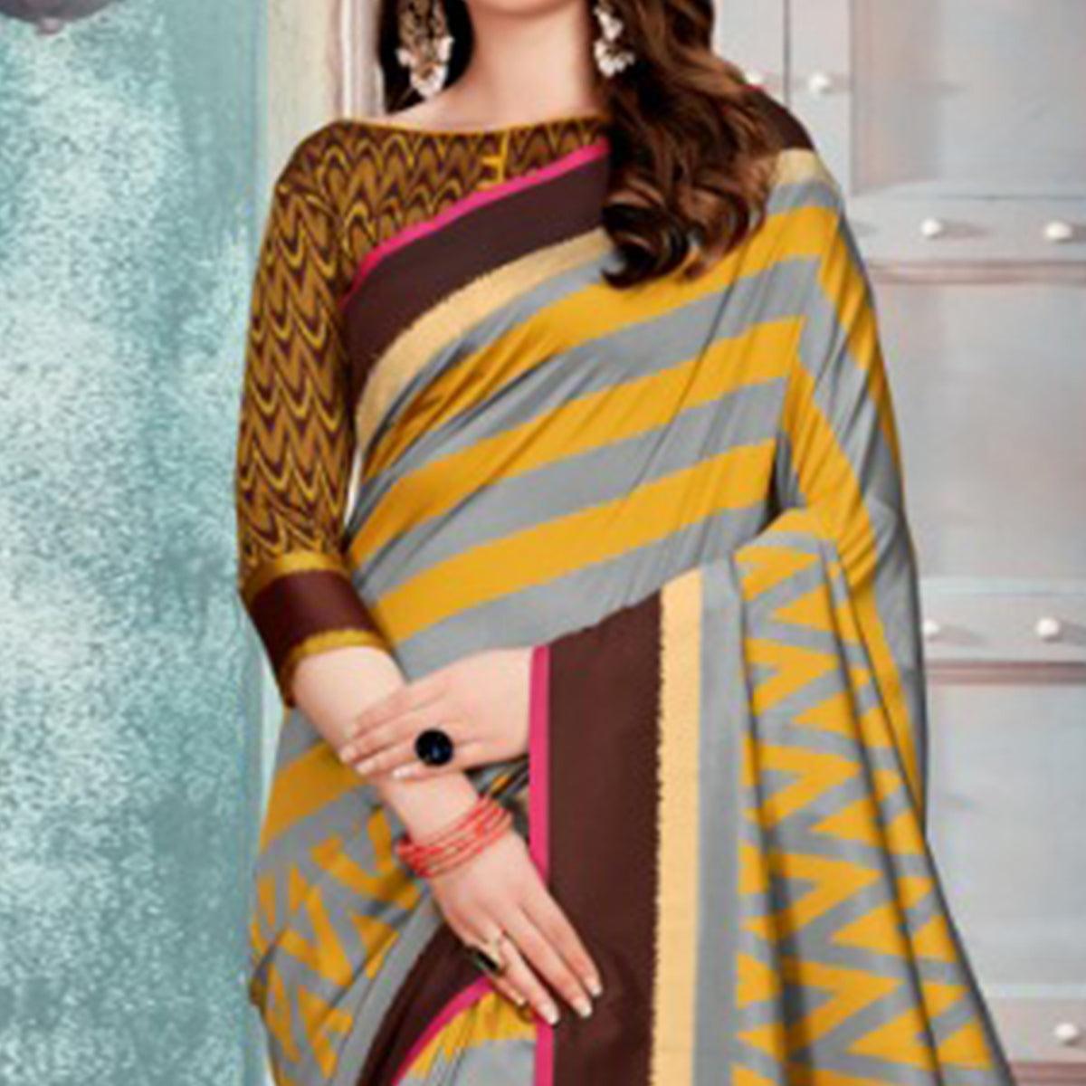 Ideal Grey & Mustard Colored Festive Wear Printed Cotton Silk Saree With Tassels