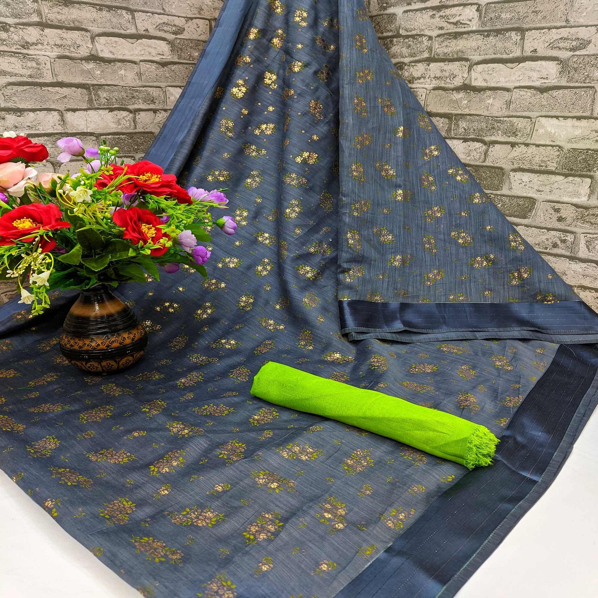 Ideal Grey Colored Foil Print And Satin Woven Border Casual Wear Cotton Saree