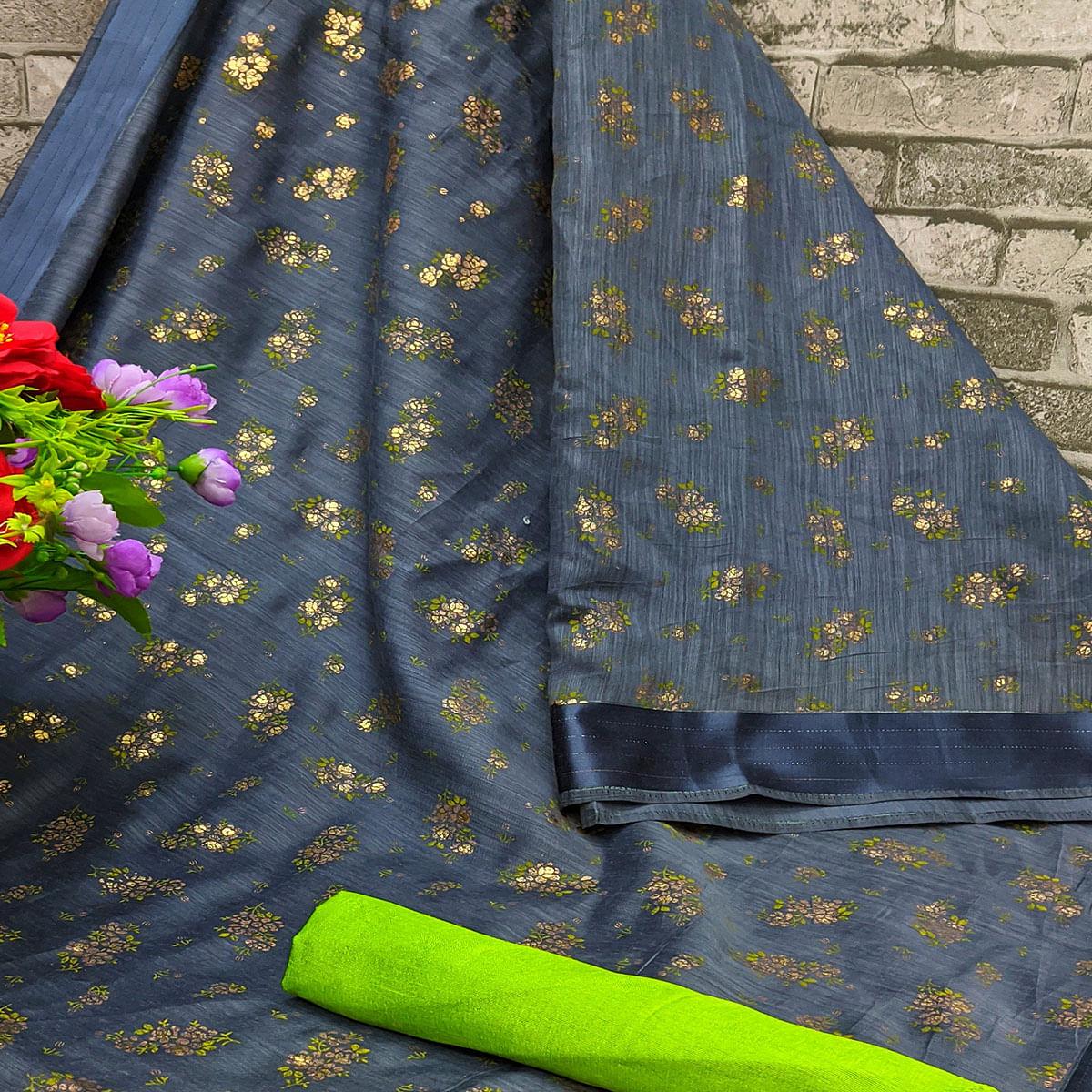 Ideal Grey Colored Foil Print And Satin Woven Border Casual Wear Cotton Saree