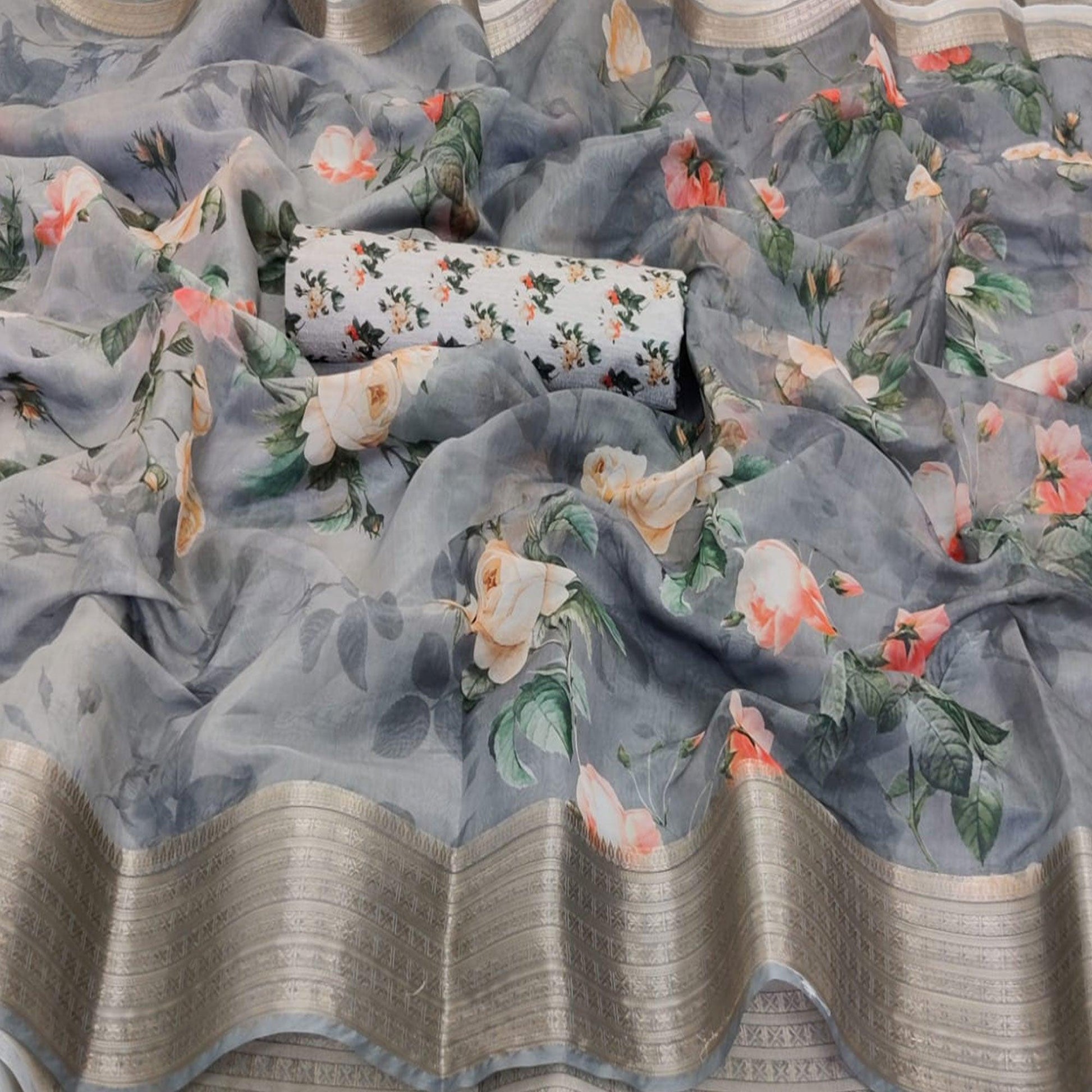 Ideal Grey Colored Partywear Digital Printed Georgette Saree