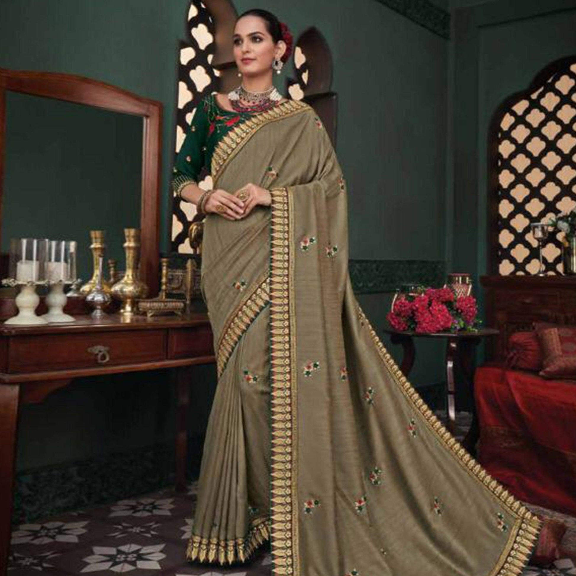 Ideal Greyish Green Colored Festive Wear Embroidered Heavy Border Silk Saree