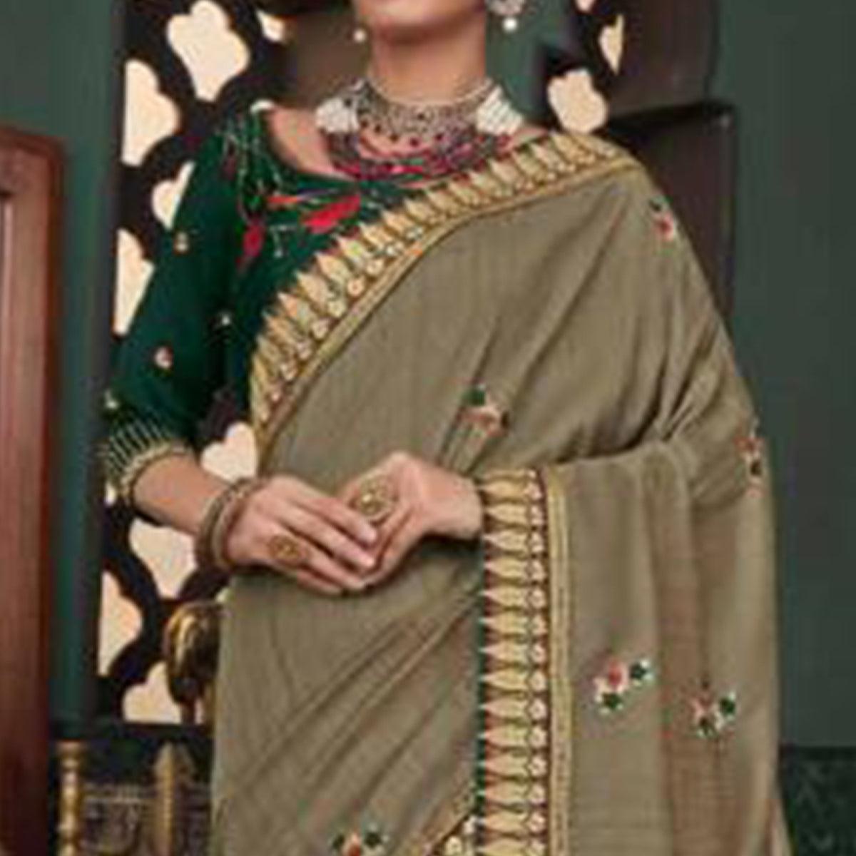 Ideal Greyish Green Colored Festive Wear Embroidered Heavy Border Silk Saree