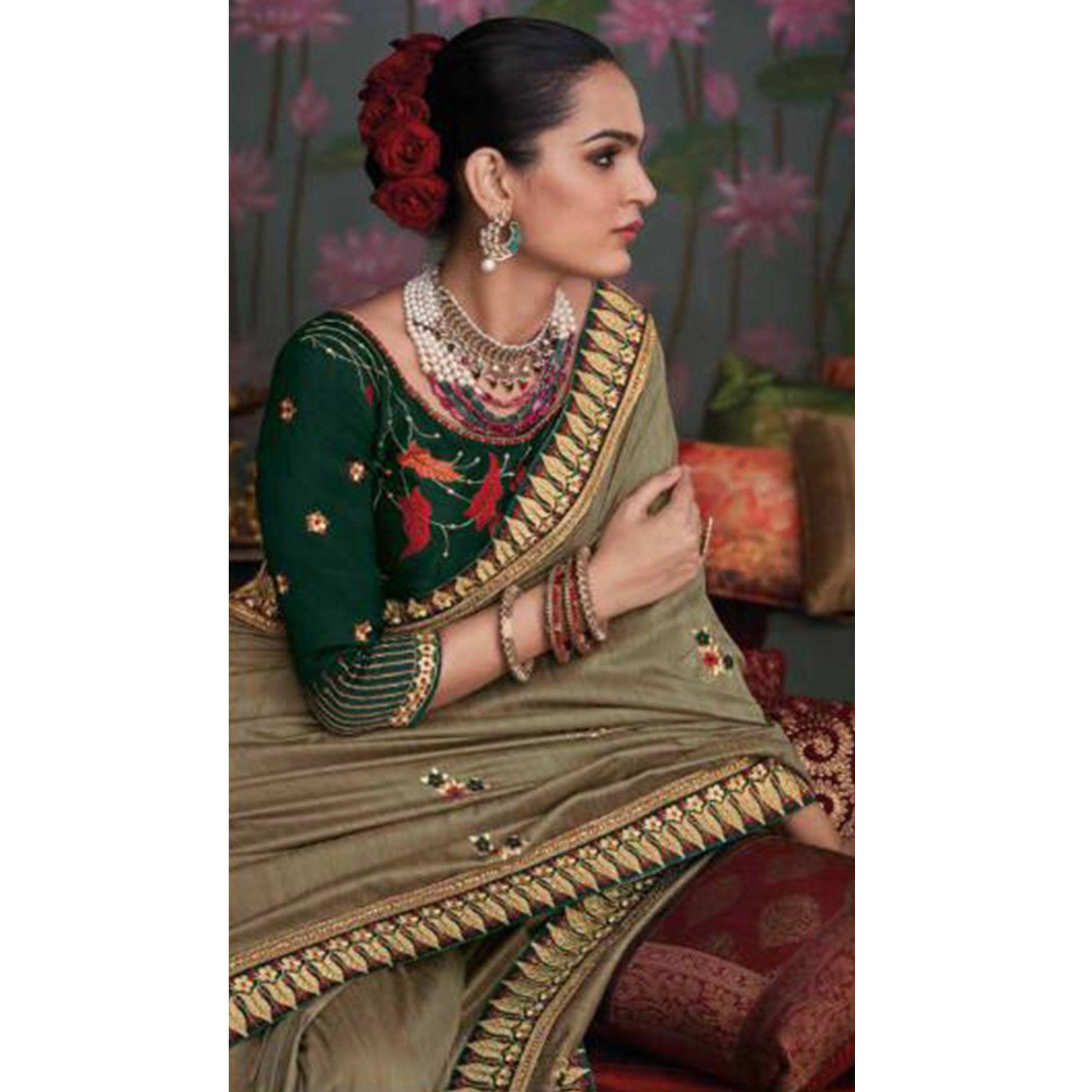 Ideal Greyish Green Colored Festive Wear Embroidered Heavy Border Silk Saree