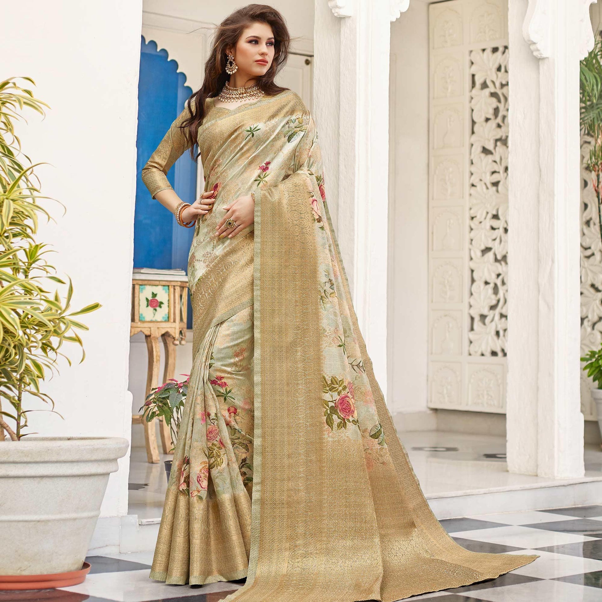 Ideal Light Grey Colored Partywear Digital Floral Printed Silk Saree