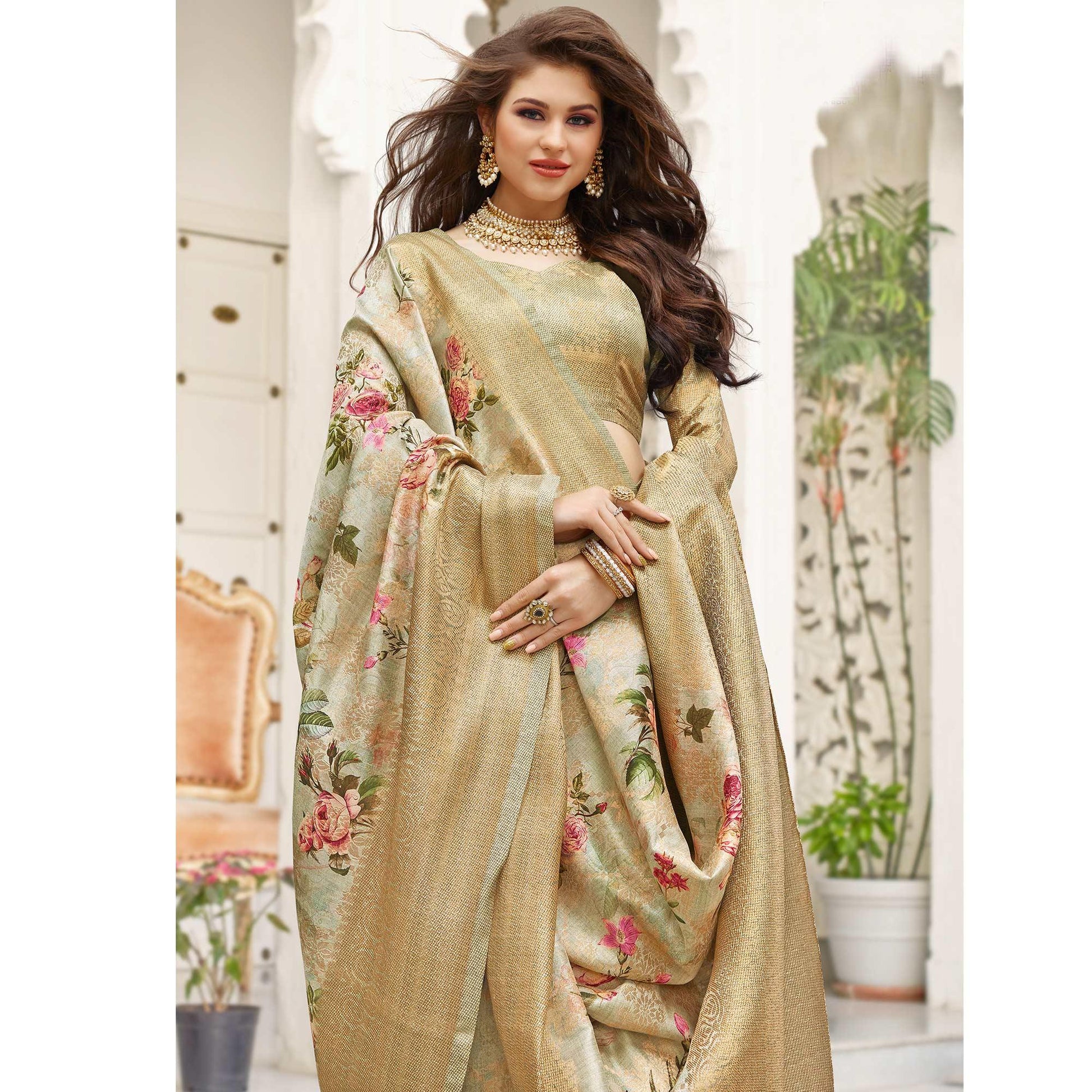 Ideal Light Grey Colored Partywear Digital Floral Printed Silk Saree
