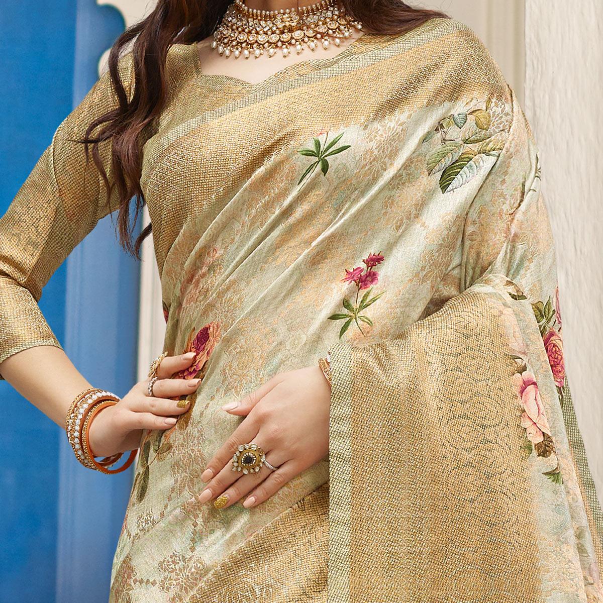 Ideal Light Grey Colored Partywear Digital Floral Printed Silk Saree