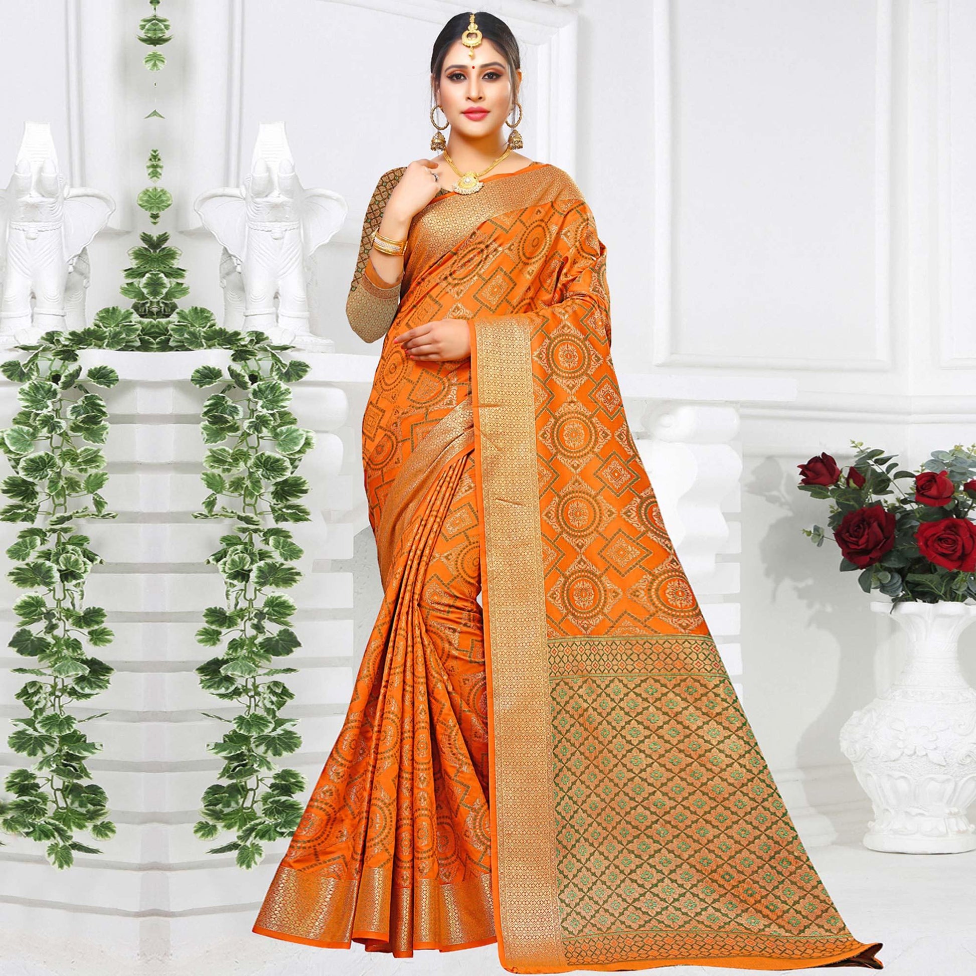 Ideal Light Orange Colored Festive Wear Woven Silk Saree