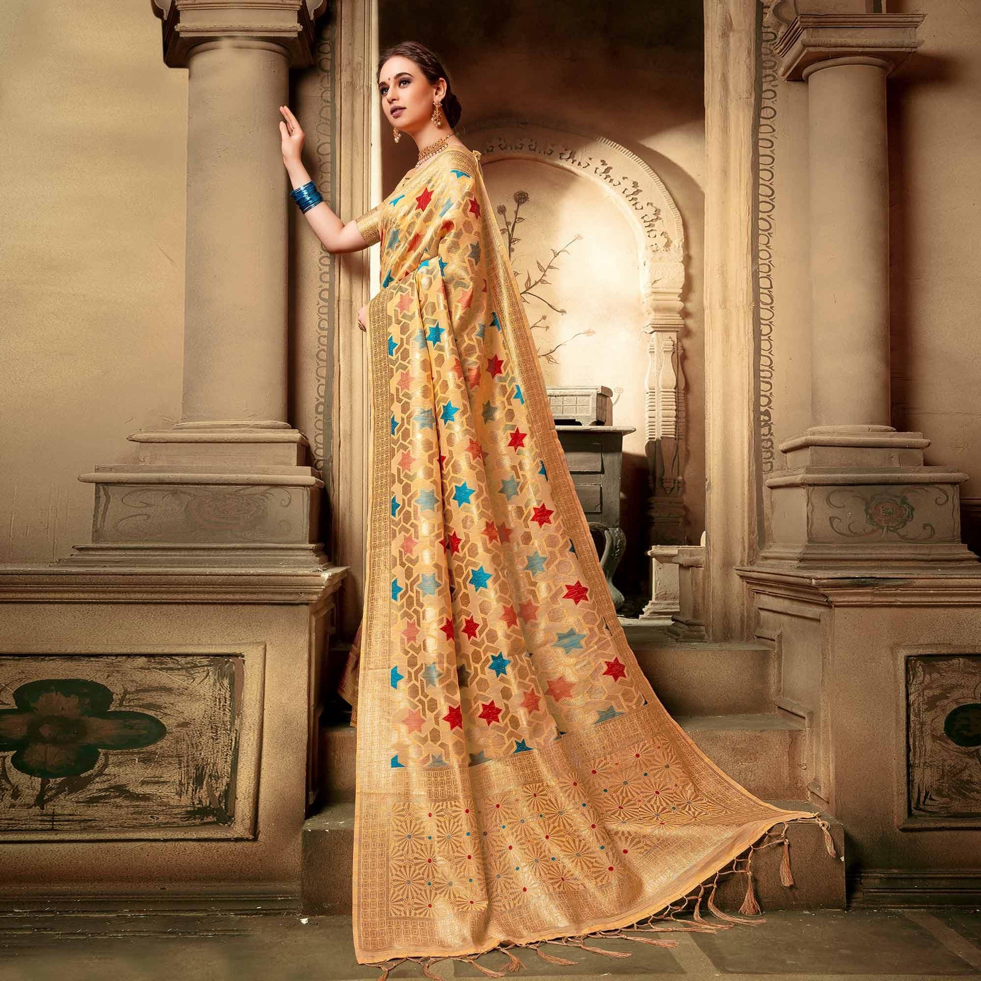 Ideal Light Yellow Colored Festive Wear Woven Cotton Silk Saree