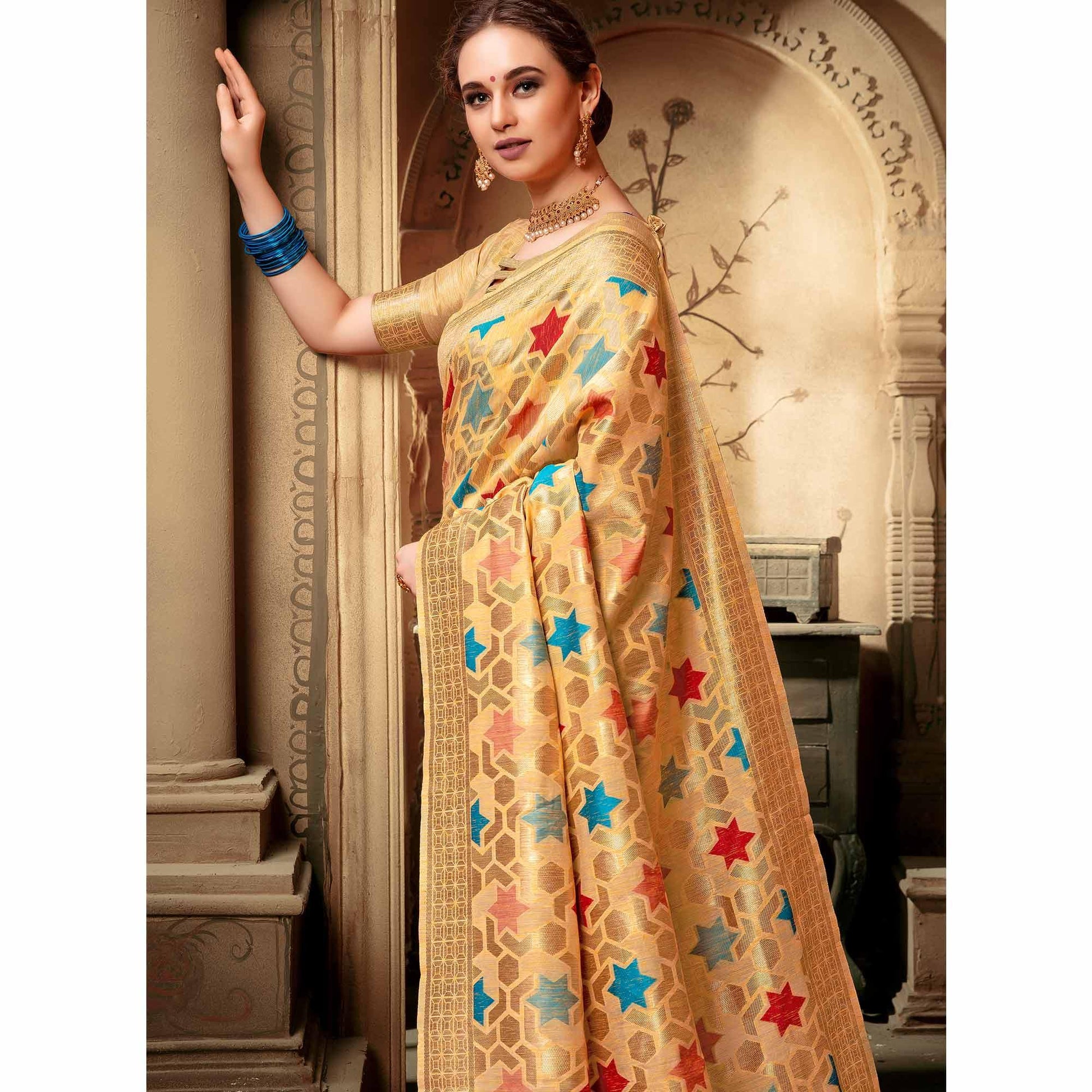 Ideal Light Yellow Colored Festive Wear Woven Cotton Silk Saree