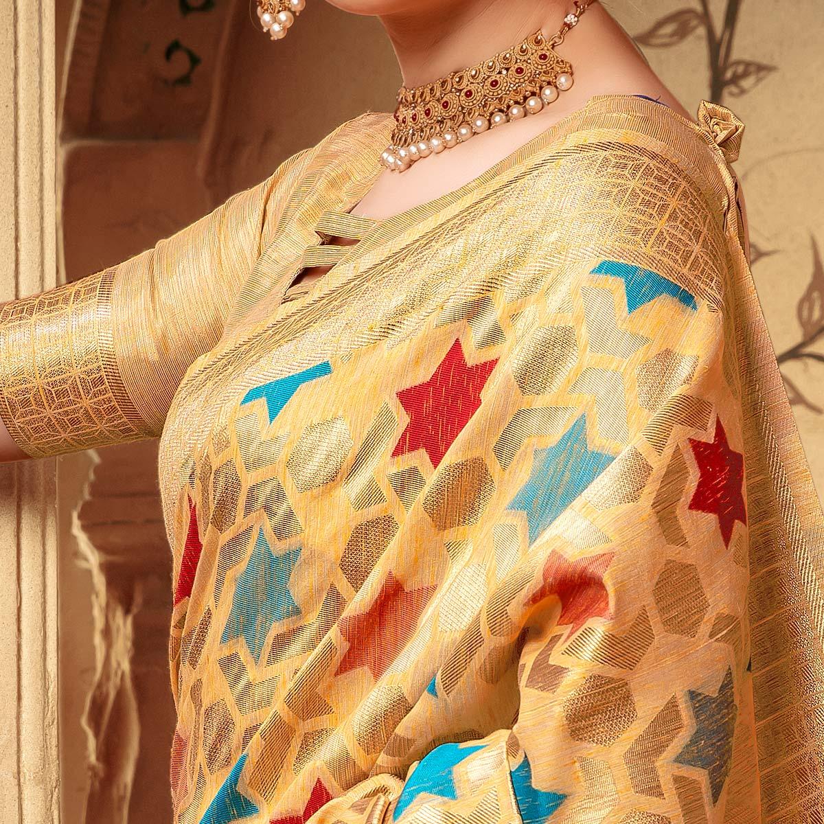 Ideal Light Yellow Colored Festive Wear Woven Cotton Silk Saree
