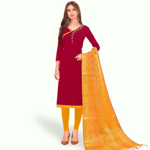 Ideal Magenta Pink Colored Casual Wear Embroidered Cotton Dress Material With Banarasi Silk Dupatta
