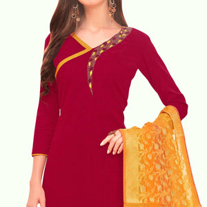 Ideal Magenta Pink Colored Casual Wear Embroidered Cotton Dress Material With Banarasi Silk Dupatta